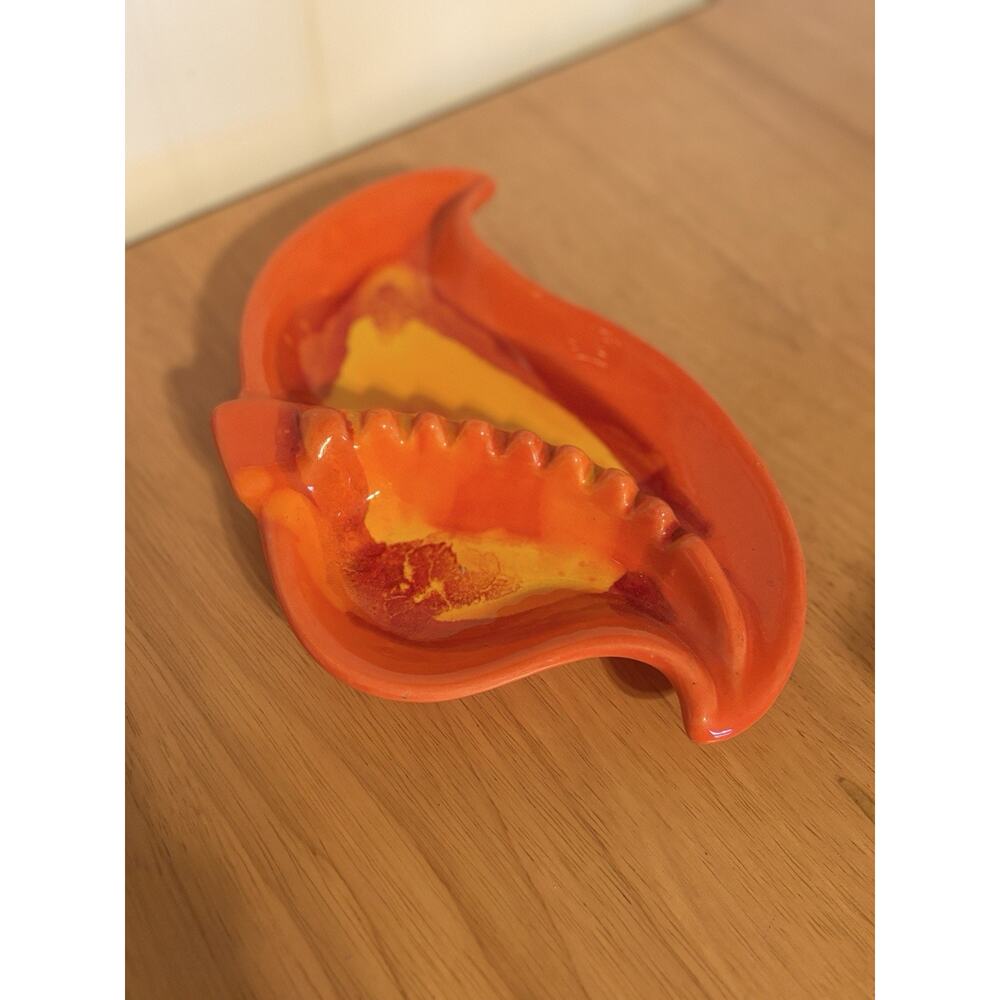 Vtg Marcia of California Lava Leaf Orange Ceramic Ashtray Dish Mid Century MCM